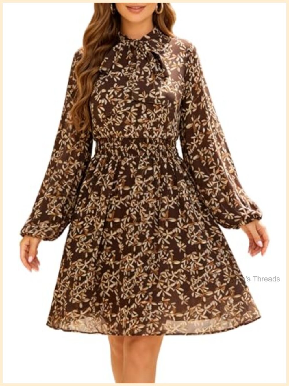 Puff Sleeve Chiffon Tie Neck A Line Midi Dress with Pockets